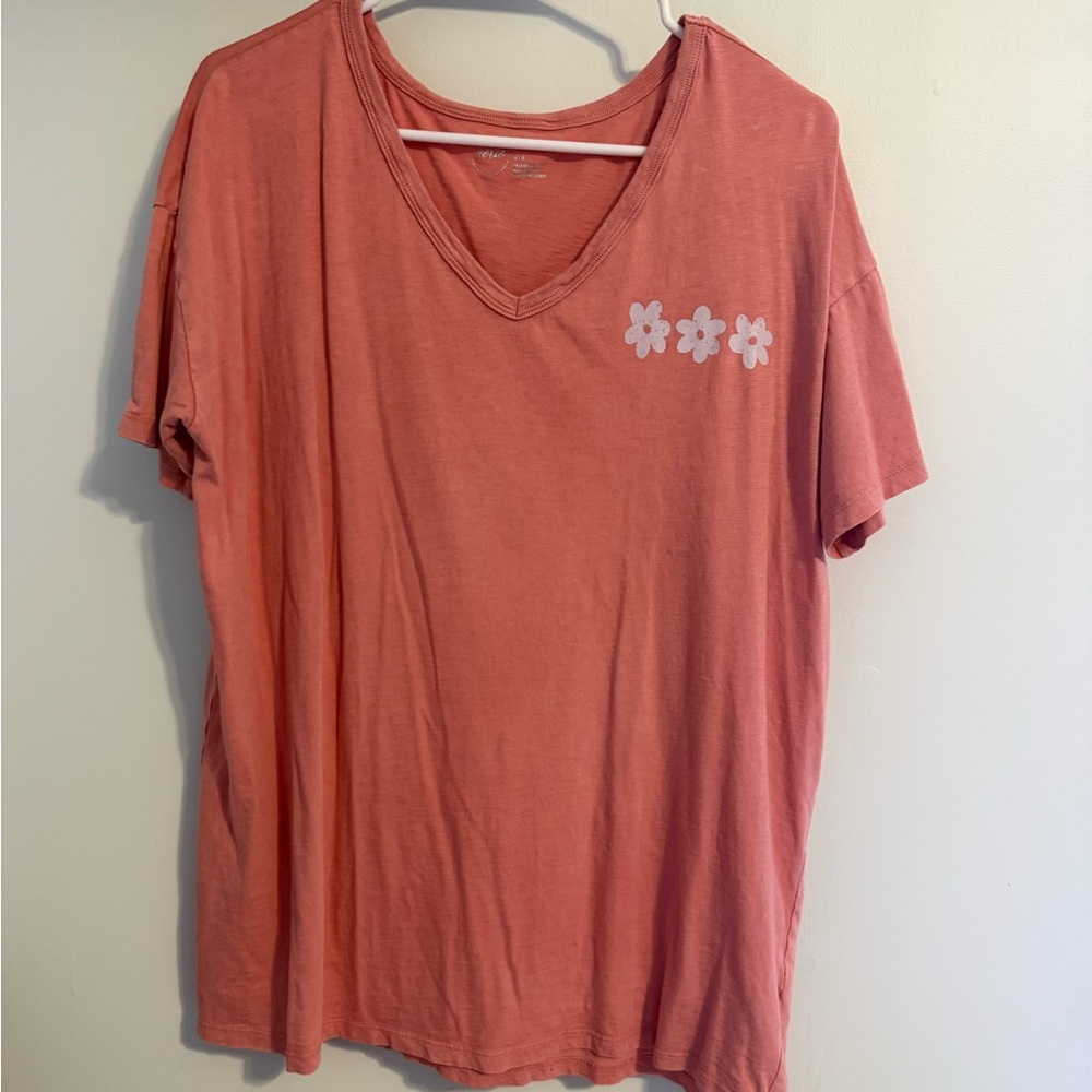Aerie Coral Short Sleeve Tee with Floral Accents